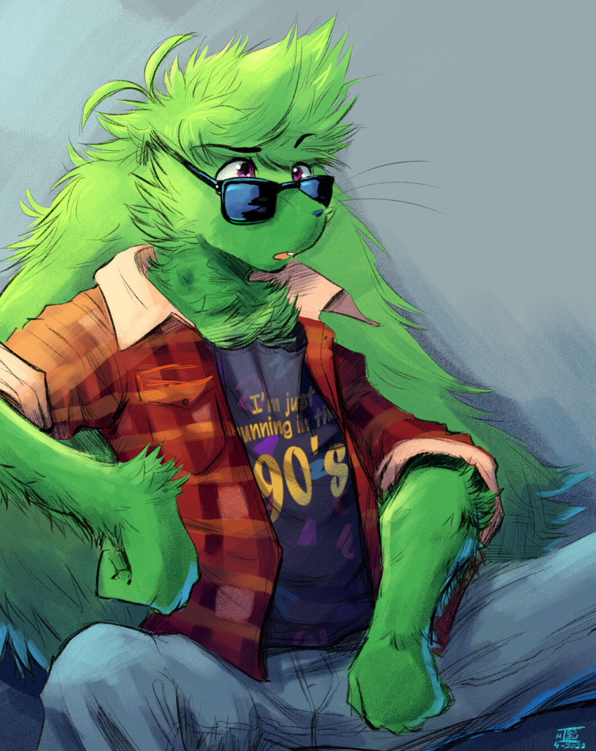 2022 alex_(carpetwurm) anthro big_ears bottomwear carpetwurm clothing conditional_dnp denim denim_clothing eyewear flannel fluffy fur green_body green_fur hi_res jeans lagomorph leporid male mammal open_mouth pants rabbit signature solo spread_legs spreading sunglasses whiskers