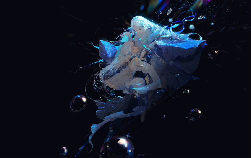 2girls artist_name bare_shoulders barefoot black_background black_legwear blue_coat blue_eyes blue_hair blue_kimono blue_ribbon blue_theme boots breasts bubble character_request chest_tattoo closed_eyes clothing_cutout coat crystal_hair fingernails floating_hair flower gold_trim hair_tassel hands_up haori highres ice japanese_clothes kimono light_particles long_sleeves looking_at_another looking_away looking_up lotus multiple_girls obi off_shoulder onmyoji open_clothes open_kimono pale_skin plantar_flexion pom_pom_(clothes) profile reaching ribbon rope sash shoe_soles shoulder_cutout snowflake_print sparkle tassel tattoo thigh_boots thighhighs water_drop white_hair wide_shot wide_sleeves wu_xiao_xian yuki_onna_(onmyoji)
