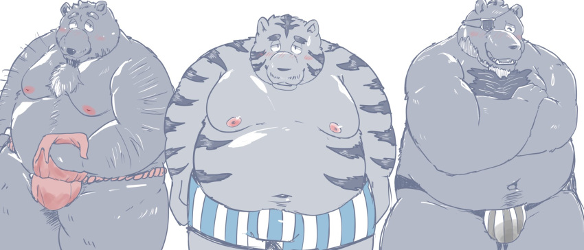 2022 anthro asian_clothing belly big_belly blush clothing dain_4201 east_asian_clothing eye_patch eyewear felid fundoshi group hi_res humanoid_hands japanese_clothing kemono male mammal mature_male moobs nipples overweight overweight_male pantherine red_clothing red_fundoshi red_underwear suid suina sus_(pig) tiger underwear ursid wild_boar