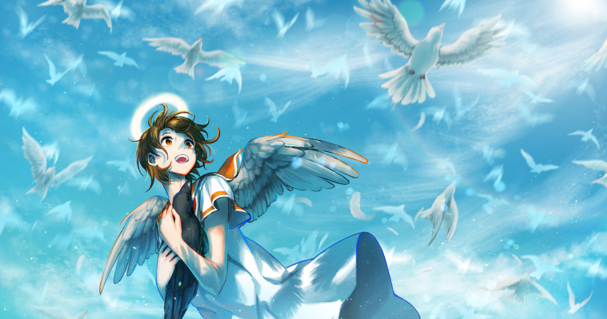 1girl :d angel_wings animal animal_hug bird black_bird blue_sky blurry bokeh brown_eyes brown_hair chromatic_aberration commentary_request day depth_of_field dress feathered_wings flock from_below haibane_renmei halo hbsprout highres holding holding_animal lens_flare light_rays open_mouth orange_sailor_collar rakka_(haibane) sailor_collar short_hair sky smile solo sunlight teeth upper_body upper_teeth white_bird white_dress white_wings wings