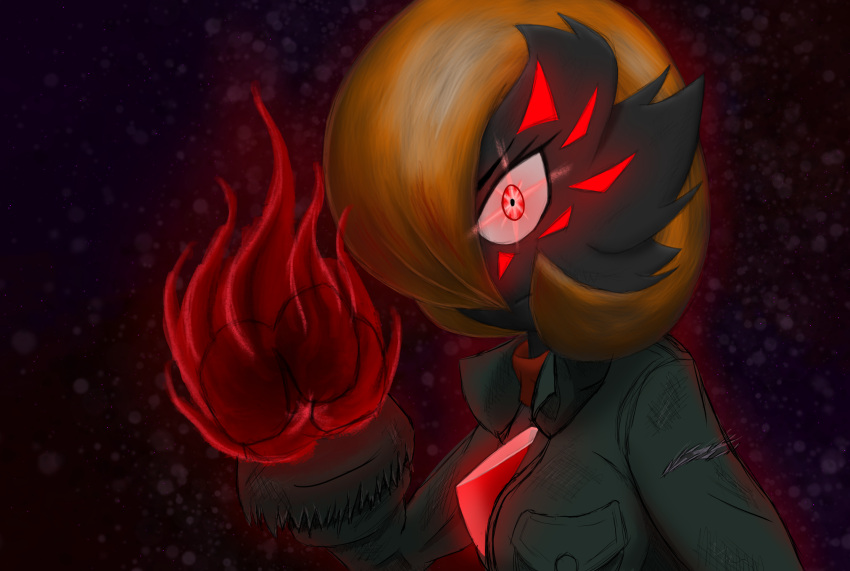 2021 black_background black_body clothing demon elemental_manipulation female fire fire_manipulation fusion gardevoir ghostth39 glowing glowing_eyes hair hair_over_eye halloween hi_res holidays humanoid jacket looking_at_viewer markings nintendo not_furry one_eye_obstructed orange_hair pok&eacute;mon pok&eacute;mon_(species) pok&eacute;mon_fusion red_eyes simple_background solo topwear torn_jacket video_games