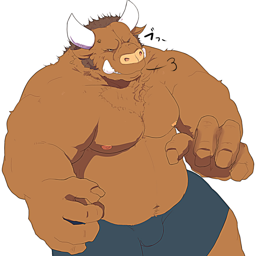 2009 anthro belly big_belly bovid bovine brown_body bulge cattle clothing hi_res humanoid_hands maguro male mammal moobs musclegut nipples overweight overweight_male simple_background solo underwear white_background
