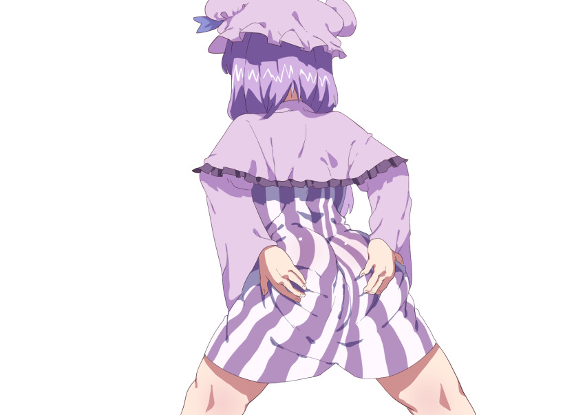 1girl ass ass_grab blue_ribbon capelet dress from_behind fuka_(kantoku) grabbing_own_ass hat hat_ribbon highres long_sleeves mob_cap patchouli_knowledge purple_hair ribbon short_dress simple_background solo speech_bubble spread_legs striped striped_dress touhou vertical-striped_dress vertical_stripes white_background wide_sleeves