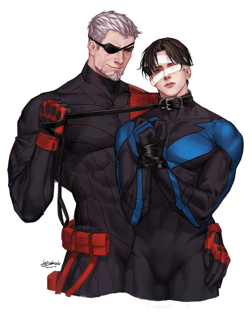 2boys animal_collar artist_name bandage_over_one_eye bandages bara batman_(series) black_bodysuit black_hair blue_bodysuit blue_eyes bodysuit bound bound_wrists closed_mouth collar covered_abs dc_comics deathstroke dick_grayson eyepatch facial_hair fingerless_gloves gloves goatee grey_hair hand_on_another's_hip highres holding holding_leash large_pectorals leash looking_at_another looking_at_viewer male_focus mature_male multiple_boys muscular muscular_male nightwing one_eye_covered parted_lips pectorals red_bodysuit red_gloves short_hair sideburns simple_background sklavisch smile two-tone_bodysuit yaoi