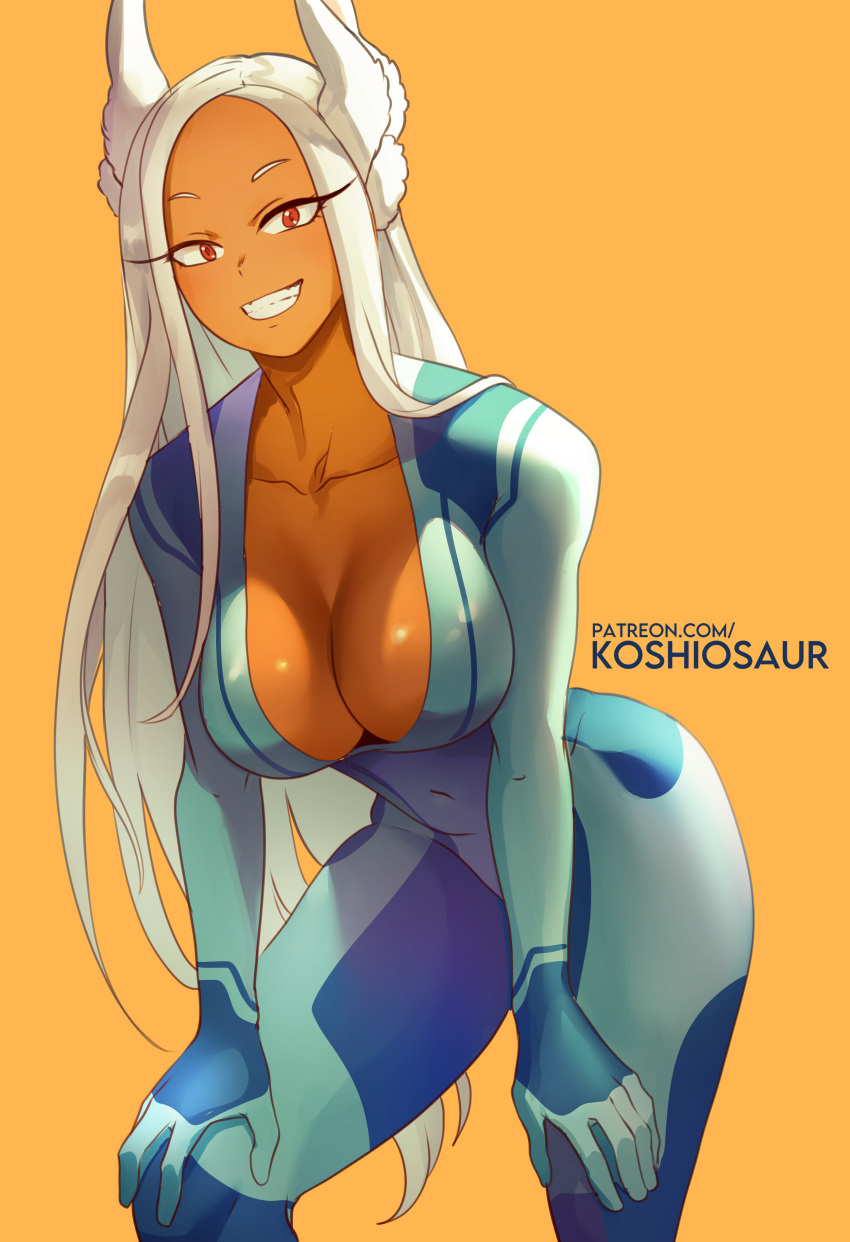 1girl absurdres animal_ear_fluff animal_ears blue_bodysuit bodysuit boku_no_hero_academia breasts cosplay covered_navel dark-skinned_female dark_skin forehead grin hands_on_own_thighs highres koshio large_breasts leaning_forward long_eyelashes long_hair looking_at_viewer metroid mirko no_bra orange_background plunging_neckline rabbit_ears rabbit_girl red_eyes samus_aran samus_aran_(cosplay) silver_hair skin_tight smile solo very_long_hair zero_suit