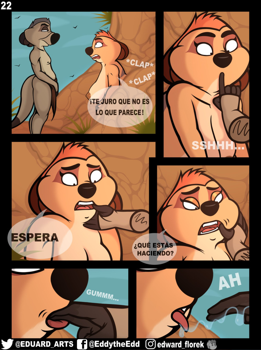 anthro breasts comic disney duo eduard_arts female finger_in_mouth herpestid hi_res incest_(lore) male male/female mammal meerkat nipples spanish_text text the_lion_king through_wall timon's_ma translation_request uncle_max