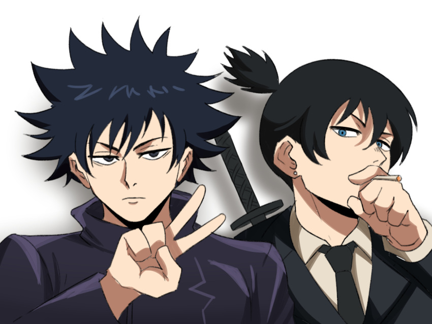 2boys black_eyes black_hair blue_eyes chainsaw_man cigarette crossover expressionless fushiguro_megumi hayakawa_aki_(chainsaw_man) highres jujutsu_kaisen katana looking_at_viewer male_focus multiple_boys simple_background spiked_hair sword sword_behind_back tied_hair tina_fate trait_connection upper_body weapon white_background