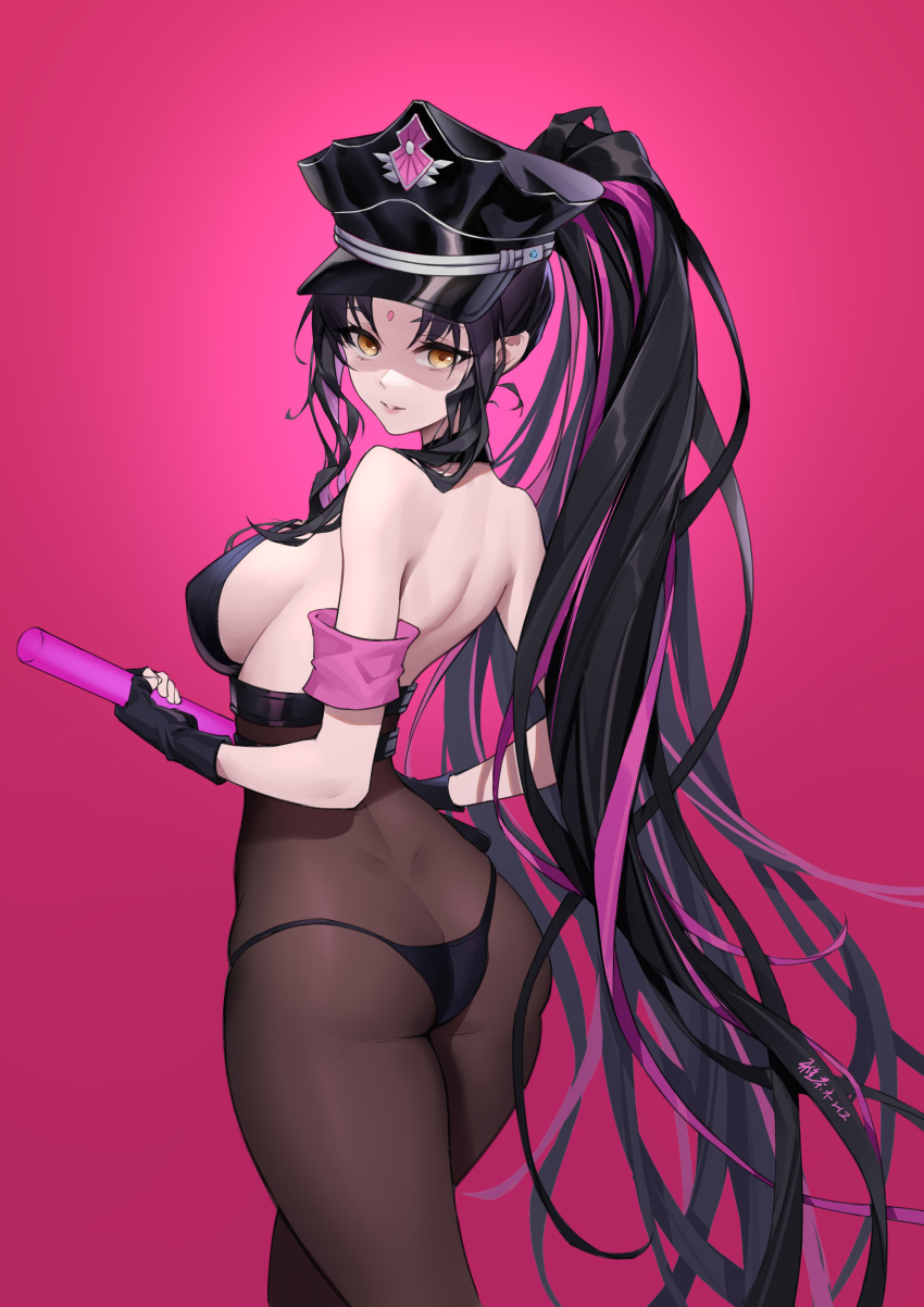1girl absurdres ass back bikini bikini_bottom_only black_bodysuit black_hair black_headwear bodystocking bodysuit breasts chamuhz facial_mark fate/grand_order fate_(series) forehead_mark from_behind glowstick gradient gradient_background highres holding holding_glowstick large_breasts lips long_hair looking_at_viewer looking_back multicolored_hair official_alternate_costume parted_lips pink_background pink_hair ponytail sesshouin_kiara sesshouin_kiara_(swimsuit_mooncancer)_(fate) sidelocks swimsuit two-tone_hair very_long_hair wavy_hair yellow_eyes