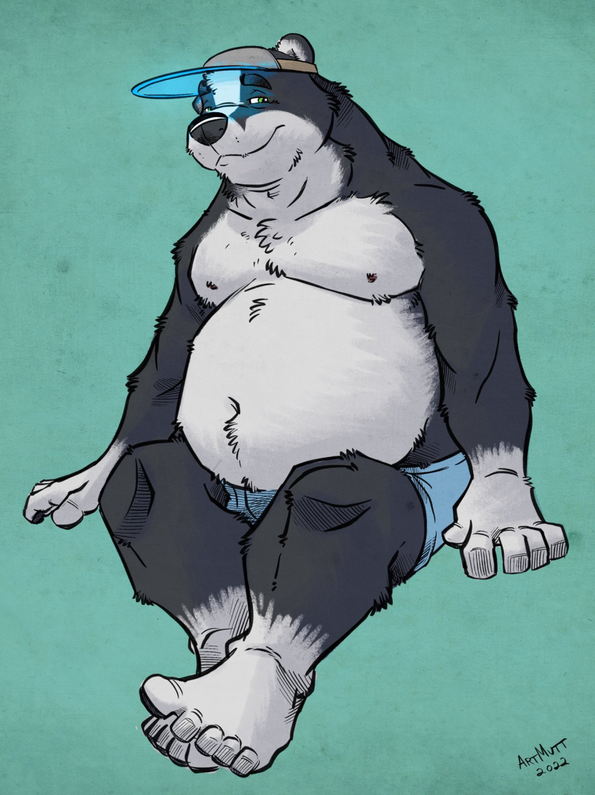 2022 anthro badger belly big_belly black_body black_nose bottomwear clothing hi_res humanoid_hands k-9 male mammal moobs mustelid musteline nipples overweight overweight_male shorts simple_background solo white_body