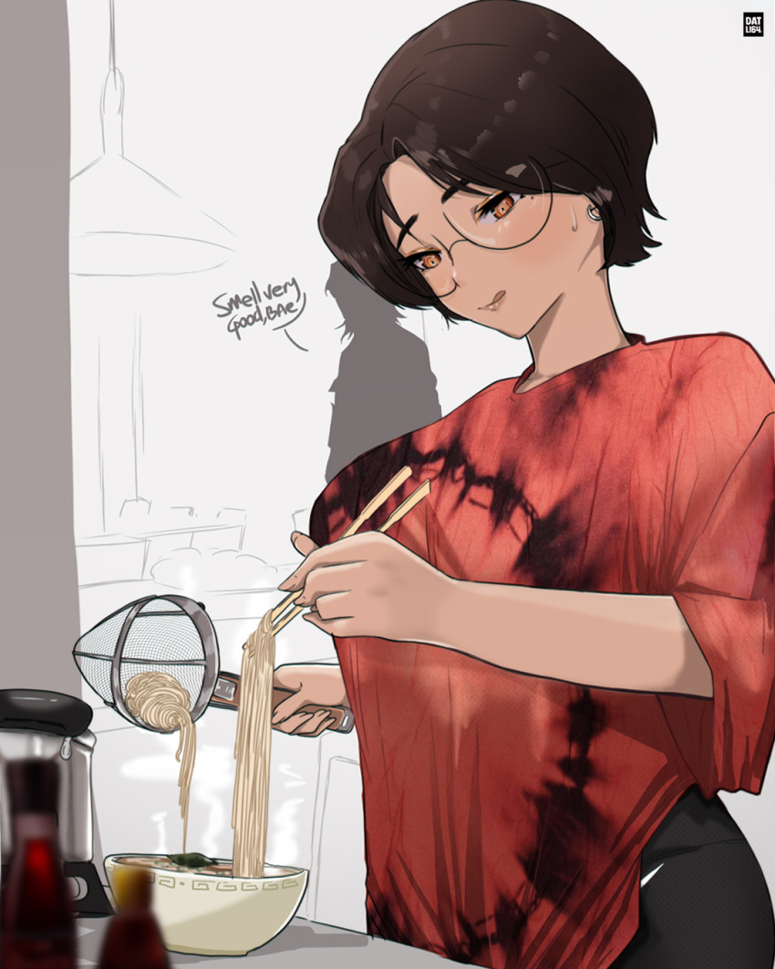 1girl black_pants breasts chopsticks cooking datli64 earrings food glasses highres jewelry large_breasts mole mole_under_eye noodles orange_eyes original pants ramen red_shirt shirt short_hair silhouette sweatdrop tie-dye tongue tongue_out