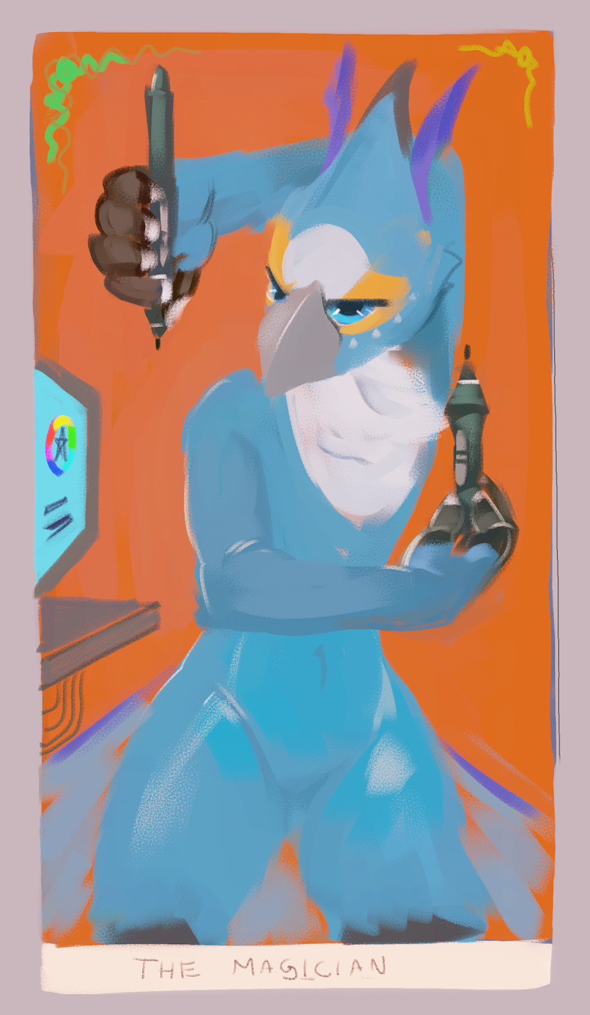 5_fingers anthro avian beak biped bird blue_body blue_eyes blue_feathers blue_tail_feathers feathers featureless_crotch fingers front_view grey_beak half-closed_eyes hi_res male narrowed_eyes navel orange_background oselotti simple_background solo