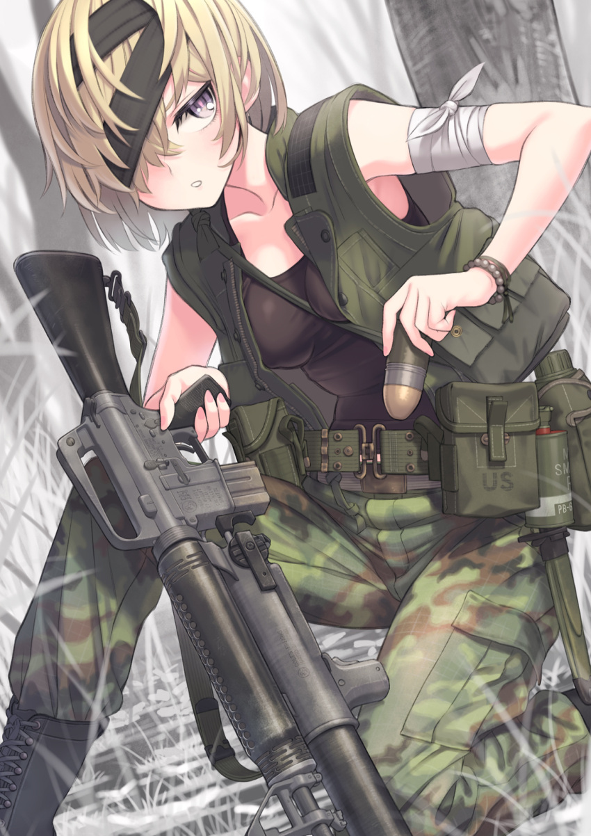 1girl ar-15 assault_rifle bandaged_arm bandages belt between_breasts black_footwear blonde_hair boots breasts brown_hair camouflage camouflage_pants canteen combat_boots combat_knife cowboy_shot green_pants green_vest grenade_launcher grey_background gun hair_over_one_eye highres knife leaning_forward looking_at_viewer m16 m16a1 m203 original pants rifle samaru_(seiga) short_hair small_breasts smoke_grenade solo strap_between_breasts tank_top underbarrel_grenade_launcher vest weapon