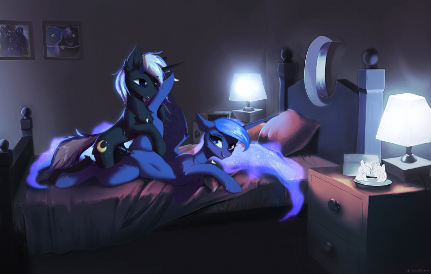 absurd_res amulet anatomically_inaccurate bed bedroom canon_x_oc duo equid equine ethereal_hair ethereal_mane eye_contact female feral friendship_is_magic furniture g4 hi_res horn jewelry lamp lidded_eyes looking_at_another looking_back male male/female male_penetrating mammal my_little_pony oc:night_shadow penetration picture_frames pillow princess_luna_(mlp) pseudo_hair pseudo_mane raised_leg sex smile vaginal vincher winged_unicorn wings