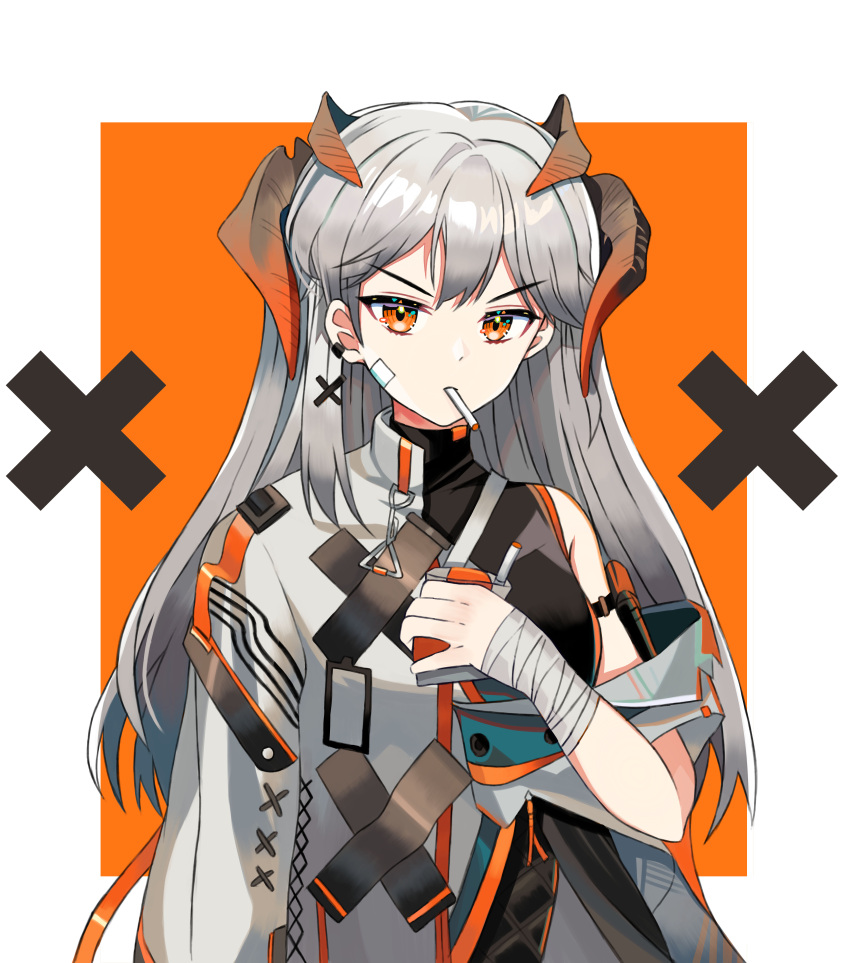 1girl absurdres arknights bandages bangs black_shirt cigarette commentary daoyu_zbz eyebrows_visible_through_hair highres horns jacket long_hair long_sleeves looking_at_viewer mouth_hold official_alternate_costume orange_eyes saria_(arknights) saria_(stronghold)_(arknights) shirt silver_hair solo upper_body v-shaped_eyebrows white_jacket wrist_wrap x