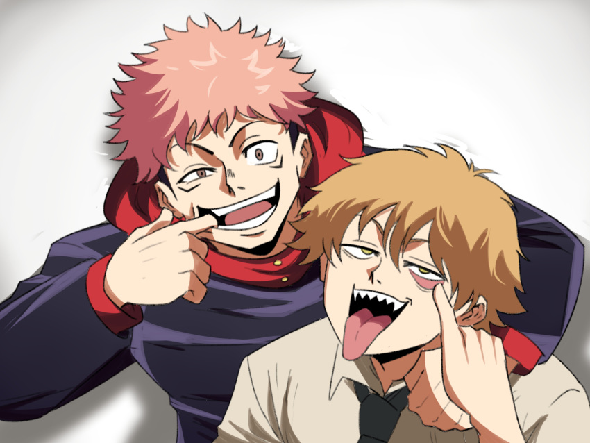 2boys :d akanbe blonde_hair brown_eyes chainsaw_man crossover denji_(chainsaw_man) facial_mark highres itadori_yuuji jujutsu_kaisen long_sleeves male_focus multiple_boys necktie open_mouth pink_hair sharp_teeth shirt short_hair simple_background smile teeth tina_fate tongue tongue_out trait_connection upper_body white_background yellow_eyes