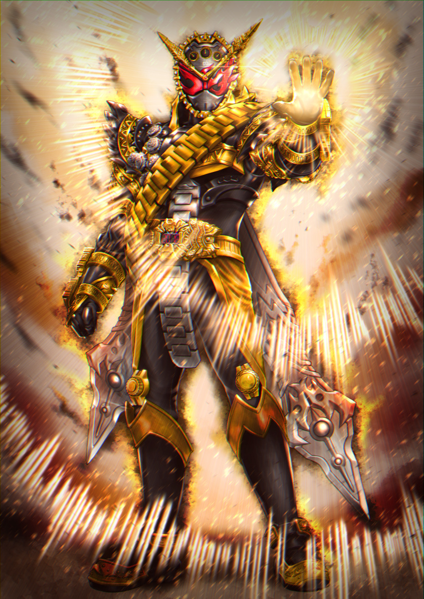 1boy 2018 apocalypse armor aura black_armor black_footwear black_gloves boots clenched_hand clock clock_hands cowboy_shot driver_(kamen_rider) finishing_move full_body gloves gold_armor gold_trim highres kamen_rider kamen_rider_zi-o_(series) long_coat male_focus ouma_zi-o powering_up red_eyes rider_belt rider_watch ryukawa tokusatsu waistcoat