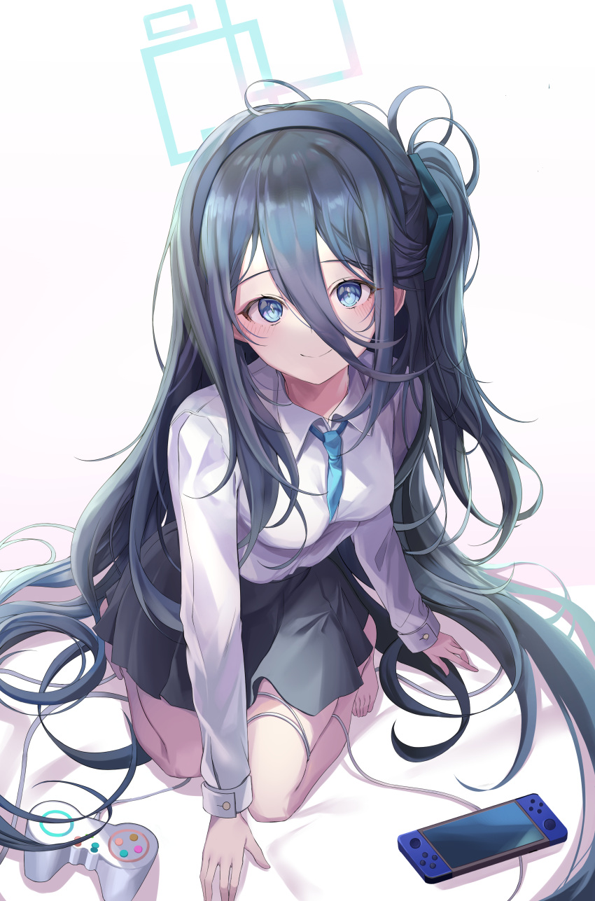 1girl absurdly_long_hair absurdres arisu_(blue_archive) bangs barefoot black_hairband black_skirt blue_archive blue_eyes blue_necktie cellphone closed_mouth collared_shirt controller dark_blue_hair english_commentary eyebrows_visible_through_hair game_controller hair_between_eyes hairband highres long_hair long_sleeves looking_at_viewer necktie one_side_up pengrani phone shirt sitting skirt smartphone smile very_long_hair white_background white_shirt