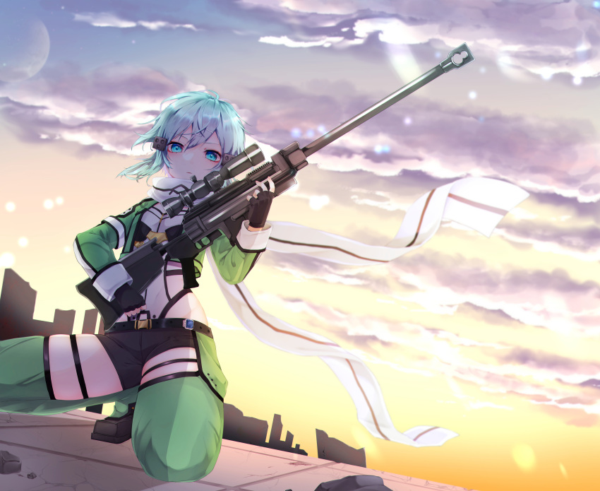 1girl absurdres bangs black_gloves black_shorts blue_eyes blue_hair cloud fingerless_gloves gloves green_jacket green_legwear gun hair_between_eyes hair_ornament hairclip highres holding holding_gun holding_weapon jacket leotard long_sleeves looking_at_viewer one_knee open_clothes open_jacket outdoors pgm_hecate_ii rifle shiny shiny_hair short_hair short_shorts shorts sinon sniper_rifle solo sword_art_online tapiko_01 thigh_strap weapon white_leotard