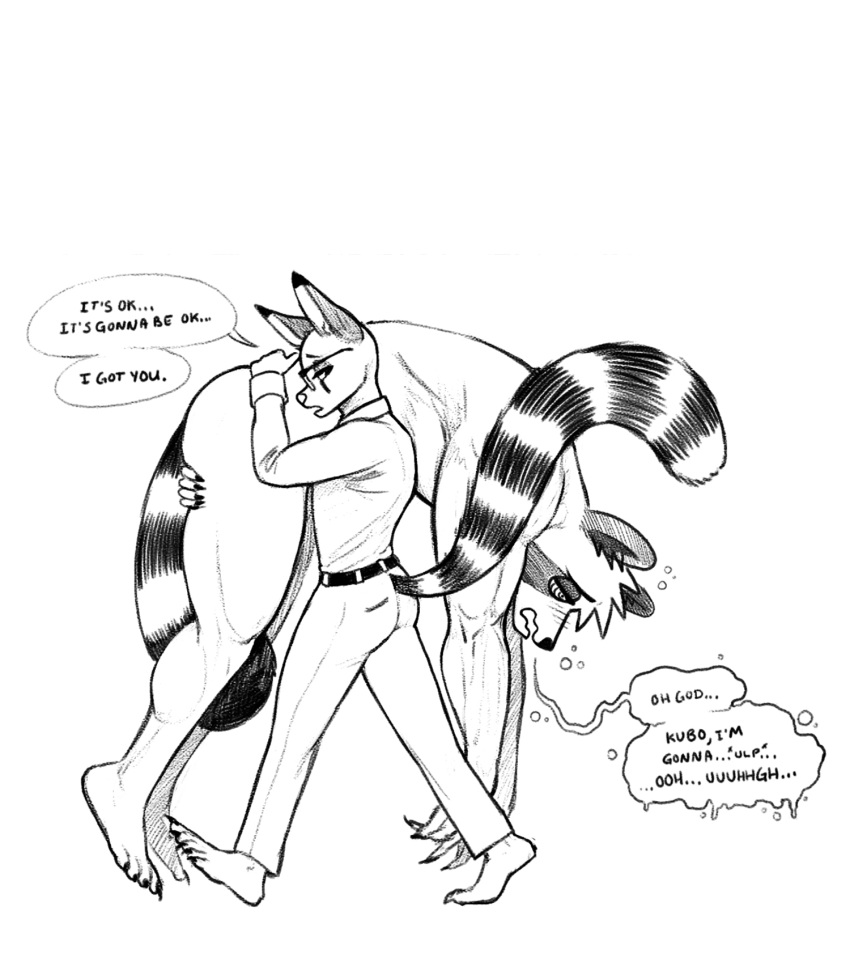 anthro barefoot black_and_white blush blush_lines boyfriends bubble cacomistle canid canine carrying_over_shoulder carrying_partner drunk drunk_bubble duo eebahdeebah eyewear feet glasses hi_res inner_ear_fluff kubo_(eebahdeebah) larger_anthro larger_male love male male/male mammal markings monochrome muscle_tone muscular muscular_anthro muscular_male niko_(eebahdeebah) nude office_clothing procyonid raccoon_dog raised_tail ring_(marking) ringtail romantic romantic_couple simple_background size_difference smaller_anthro smaller_male substance_intoxication tail_markings tanuki tuft white_background