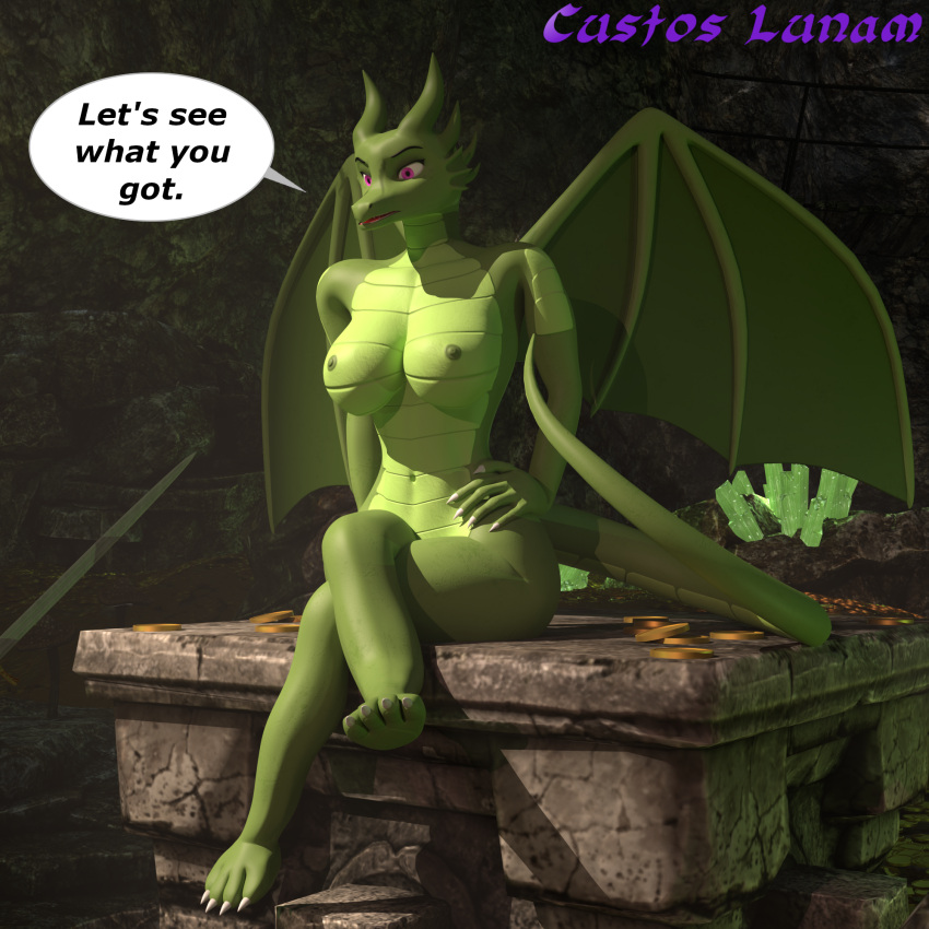 3d_(artwork) anthro big_breasts breasts cave claws coin crystal custos_lunam deepest_sword digital_media_(artwork) dragon duo english_text female green_body green_scales hi_res horn long_the_dragon melee_weapon nipples nude scales sitting solo sword text weapon wide_hips wings