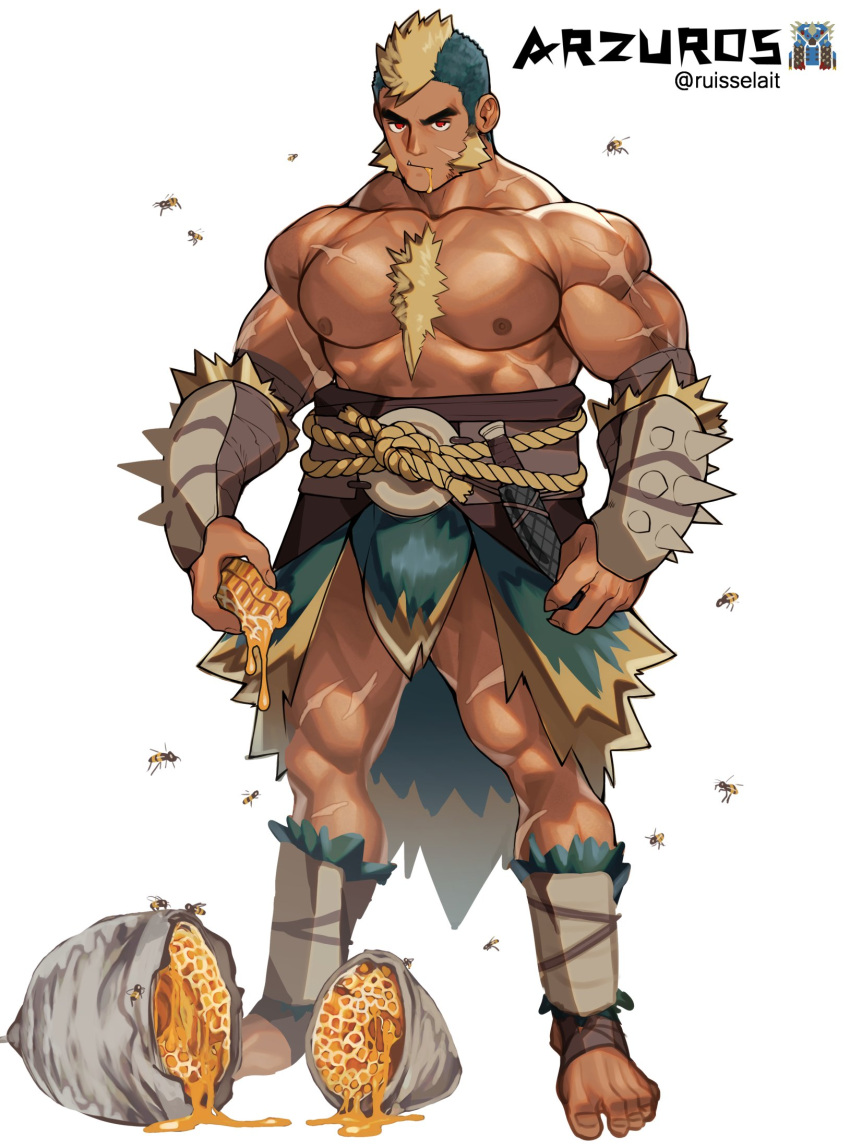 1boy abs artist_name arzuros bara bee belt biceps blonde_hair bug chest_hair facial_hair gauntlets green_hair highres honey honeycomb honeycomb_(pattern) knife large_pectorals leg_armor looking_at_viewer male_focus monster_hunter_(series) muscular muscular_male nipples pectorals personification red_eyes ruisselait scar scar_on_arm scar_on_chest scar_on_face scar_on_leg skirt solo tan thick_arms thick_eyebrows thick_thighs thighs topless topless_male tusks