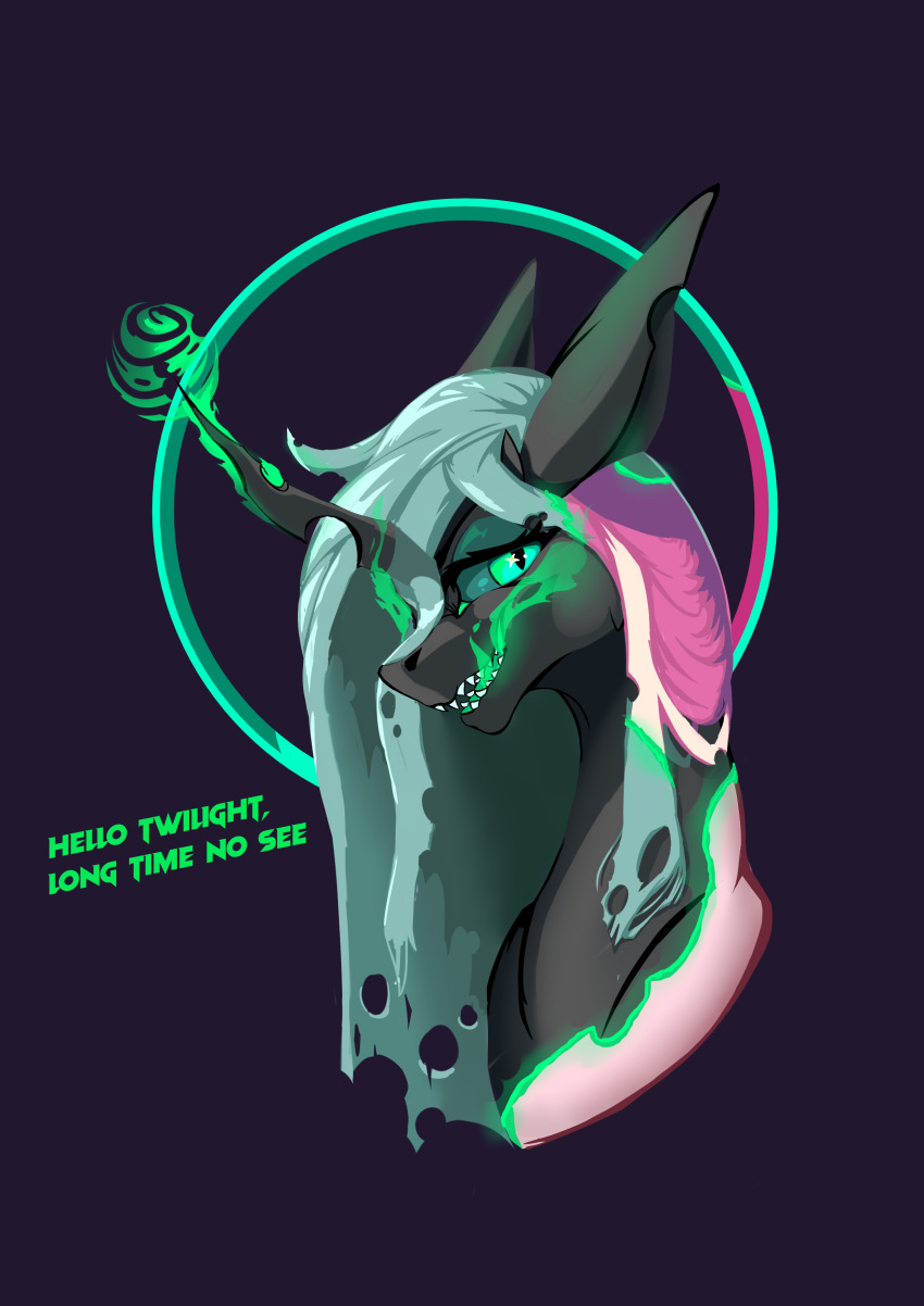 absurd_res arthropod big_ears changeling english_text female feral friendship_is_magic green_hair hair hasbro hi_res horn i_love_hurt magic my_little_pony queen_chrysalis_(mlp) sharp_teeth solo teeth text transformation