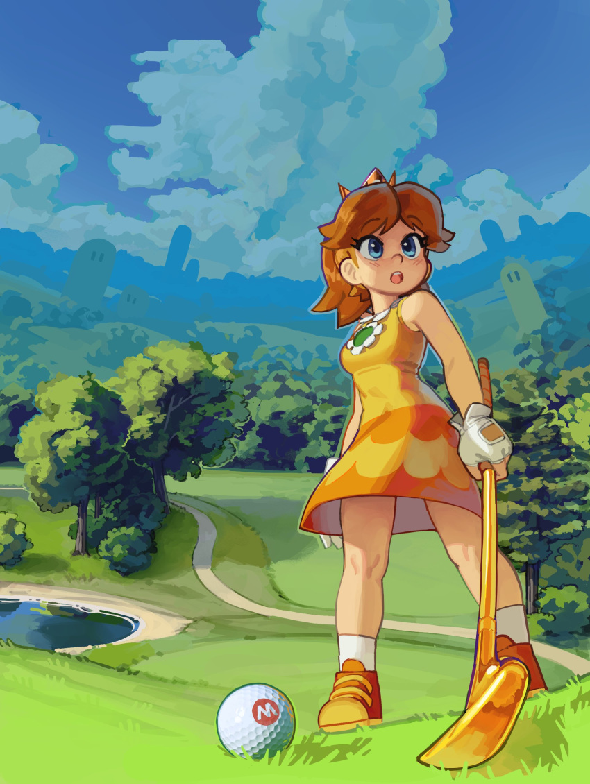 1girl :o absurdres ball blue_eyes breasts brown_hair cloud crown dress english_commentary eyebrows_visible_through_hair fingerless_gloves full_body gloves golf_ball golf_club highres holding holding_golf_club looking_away mario_(series) mario_golf open_mouth outdoors pond princess_daisy short_hair sky solo standing trail tree white_gloves wormwash