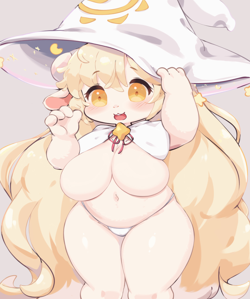 absurd_res anthro belly big_breasts blonde_hair bovid breasts buckteeth caprine charm cloak clothed clothing eigetsu featureless_breasts female fur hair hat headgear headwear hi_res holding_clothing holding_hat holding_headgear holding_headwear holding_object kemono long_hair mammal navel open_mouth open_smile panties sheep simple_background smile solo tan_background teeth thick_thighs thong topless underwear white_body white_fur wide_hips witch_hat yellow_eyes young