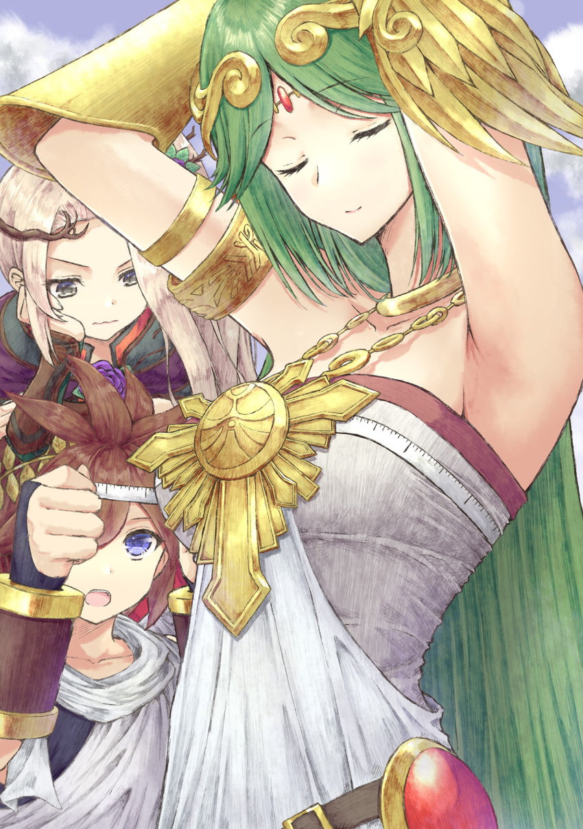 1boy 2girls angel aramachi armlet armpits bangs bare_shoulders blonde_hair blue_eyes breasts brown_hair bust_measuring closed_eyes dress goddess gold green_hair highres jewelry kid_icarus kid_icarus_uprising large_breasts long_hair measuring multiple_girls nachure neck_ring necklace palutena parted_bangs pendant pit_(kid_icarus) strapless strapless_dress vambraces very_long_hair white_dress