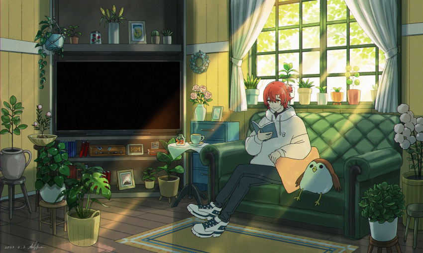 1boy ao_fujimori arm_rest bird black_pants book cactus carpet cattail clock couch crossed_legs cup curtains cushion dappled_sunlight dated digital_clock flower flower_pot hair_between_eyes hair_flower hair_ornament half_updo hanasaki_miyabi hanging_plant highres holostars hood hoodie indoors jar kyomu_suzume male_focus official_art on_couch pants picture_(object) pink_flower pink_rose plant potted_plant reading red_hair room rose shoes signature sitting sneakers solo sparrow steam stool suitcase sunlight tablecloth teacup tree vase white_footwear white_hoodie window wooden_floor wreath yellow_eyes