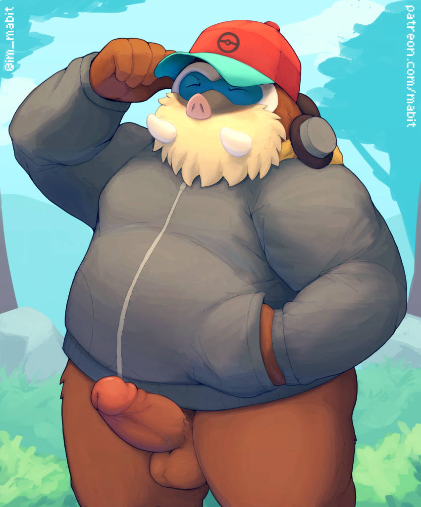 2022 anthro balls belly blush bottomless bottomless_male brown_body clothed clothing digital_media_(artwork) elephantid erection fur genitals hi_res hoodie humanoid_genitalia humanoid_hands humanoid_penis mabit male mammal mammoth mamoswine nintendo overweight overweight_anthro overweight_male penis pok&eacute;mon pok&eacute;mon_(species) proboscidean solo topwear tusks video_games