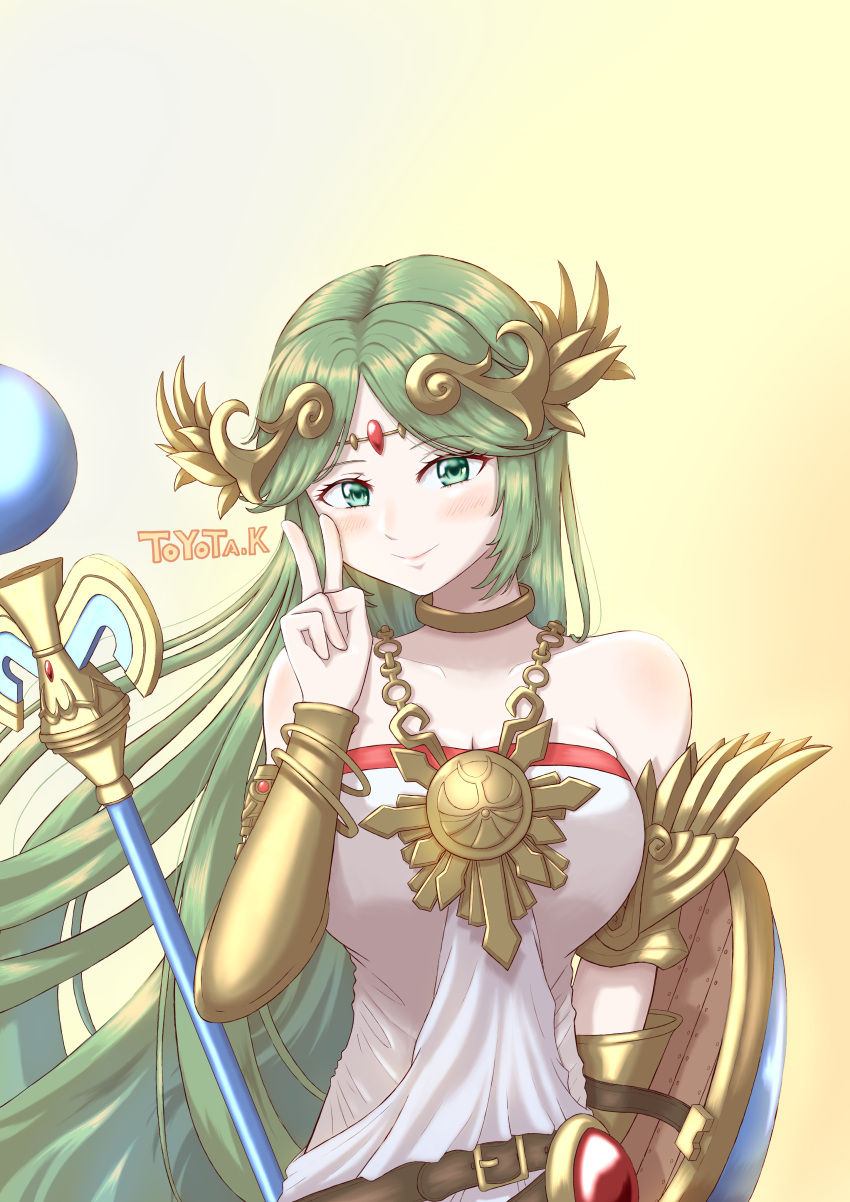 1girl absurdres armlet bangs bare_shoulders breasts dress forehead_jewel goddess gold green_eyes green_hair highres jewelry kid_icarus large_breasts laurel_crown long_hair neck_ring necklace palutena parted_bangs pendant shield solo staff strapless strapless_dress super_smash_bros. taro_(peach_taro51) vambraces very_long_hair white_dress