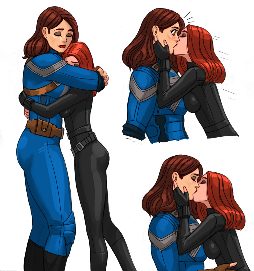 2girls alternate_universe belt black_bodysuit black_widow blue_bodysuit bodysuit breasts brown_eyes brown_gloves brown_hair captain_carter closed_eyes fingerless_gloves flick-the-thief gloves hand_on_another's_face height_difference highres hug kiss large_breasts lipstick long_hair makeup marvel marvel_cinematic_universe medium_breasts multiple_girls muscular muscular_female natasha_romanoff peggy_carter red_hair red_lips size_difference superhero surprise_kiss surprised what_if_(disney+) wide-eyed yuri
