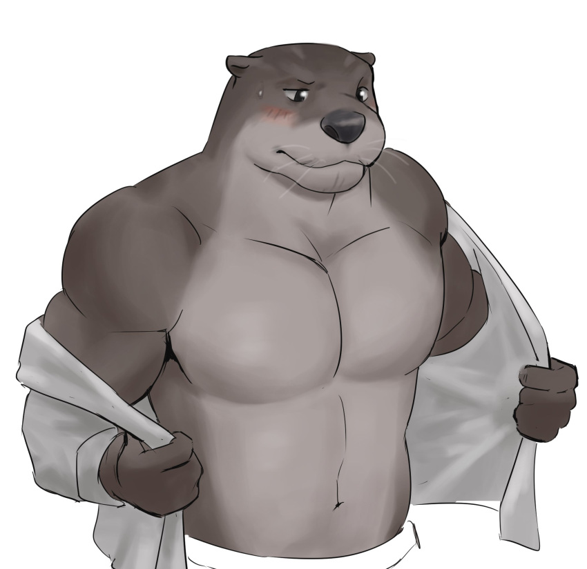 2021 anthro biceps black_eyes black_nose blush bodily_fluids brown_body brown_fur clothing digital_media_(artwork) echo_(series) echo_project episode0006 fur hi_res lutrine male mammal muscular muscular_anthro muscular_male mustelid pecs shirt simple_background solo sweat sweatdrop the_smoke_room todd_bronson topwear undressing video_games visual_novel whiskers white_background white_clothing white_shirt white_topwear