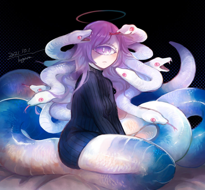 1girl black_background black_sweater cyclops fangs fangs_out forked_tongue halo highres hogara lamia looking_at_viewer monster_girl one-eyed original purple_eyes purple_hair scales signature sitting slit_pupils snake snake_hair snake_tail sweater symbol-shaped_pupils tail tongue