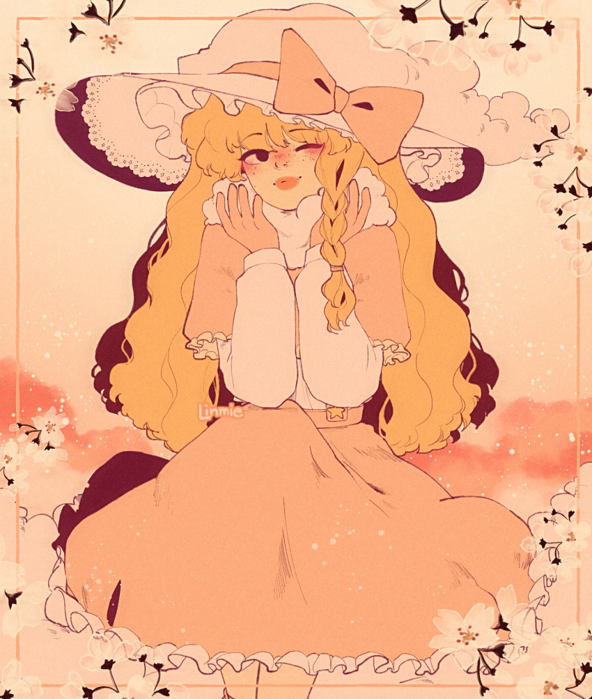 1girl blonde_hair blouse bow braid capelet crossed_legs dress eyebrows flower framed frilled_dress frilled_hat frills hair_bow hat hat_bow highres kirisame_marisa linmiee long_hair long_sleeves pink_bow pink_capelet pink_skirt skirt touhou white_blouse witch_hat