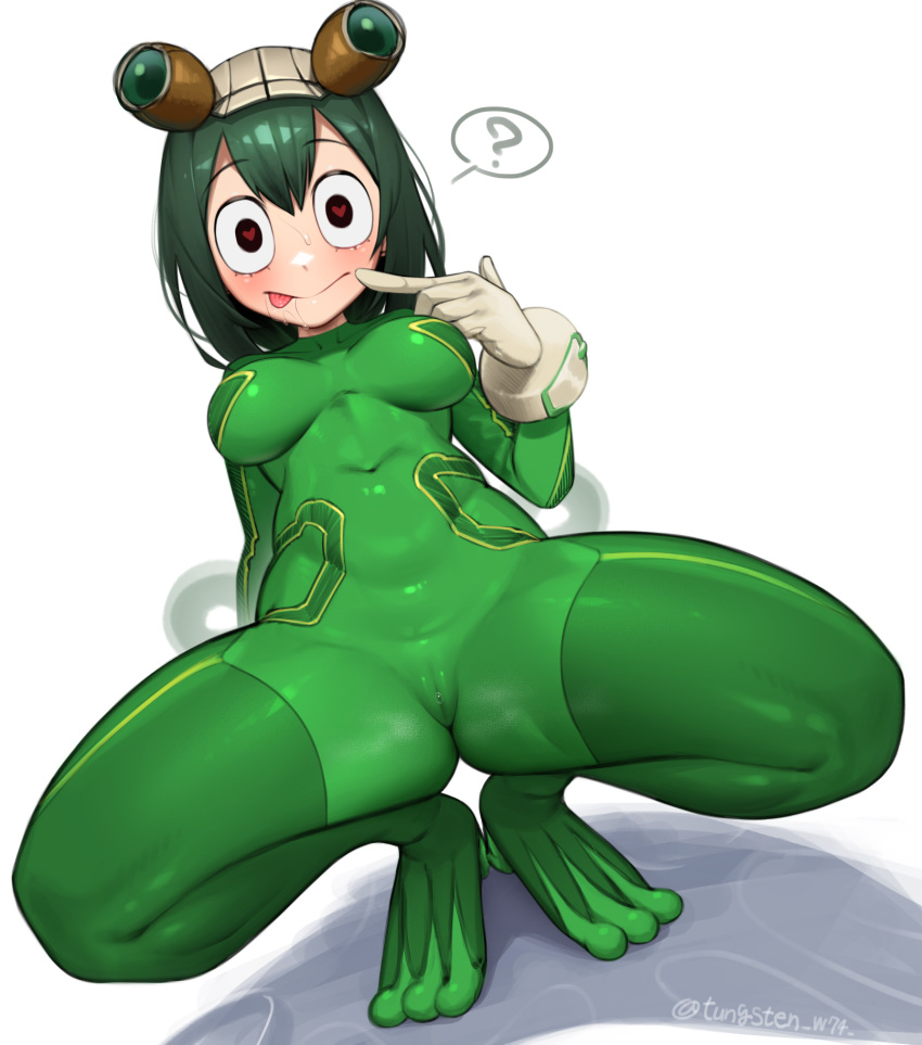 1girl :p ? arm_behind_back artist_name ass_visible_through_thighs asui_tsuyu bangs bodysuit boku_no_hero_academia breasts cameltoe covered_collarbone covered_navel dark_green_hair drooling dutch_angle feet_together finger_to_mouth frog_girl gloves goggles goggles_on_head green_bodysuit green_hair groin hand_up heart heart_in_eye highres leaning_back looking_at_viewer medium_breasts pussy_juice pussy_juice_drip_through_clothes shiny shiny_clothes skin_tight smile solo speech_bubble spoken_question_mark spread_legs squatting symbol_in_eye tongue tongue_out tungsten_(kwfr4544) twitter_username wide-eyed