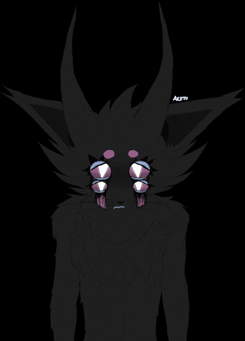 akittu anthro asrieah_(akittu) black_body black_fur bodily_fluids chest_tuft crying dark_body digital_media_(artwork) eyelashes eyeshadow facial_markings felid feline fluffy fur head_markings hi_res horn lipstick makeup mammal markings multi_eye purple_sclera simple_background solo tears tuft white_eyes