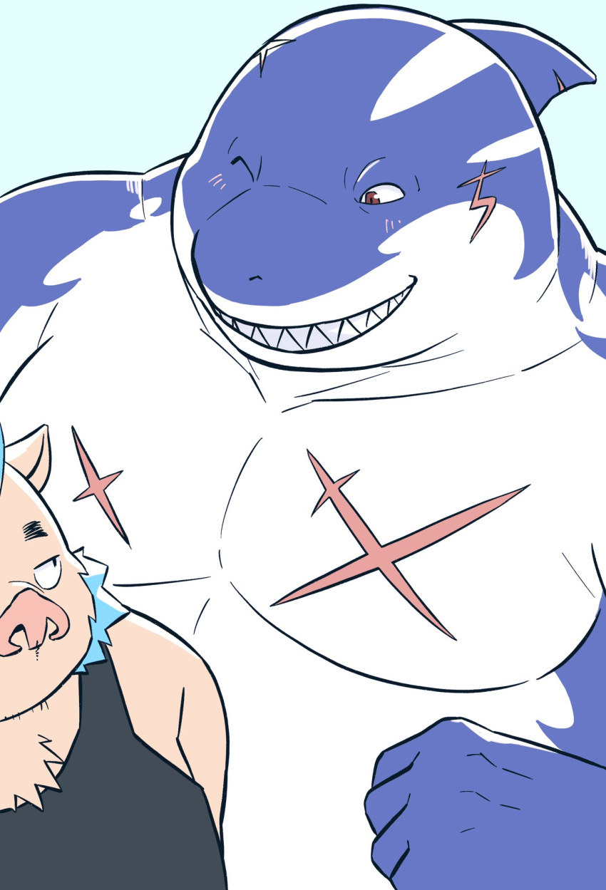 anthro blue_hair clothing duo fish flirting gouryou hair hi_res lifewonders male male/male mammal marine one_eye_closed pecs scar shark shirt shirtless size_difference suid suina sus_(pig) tank_top tokyo_afterschool_summoners topwear typhon video_games wild_boar wink yukimushi6
