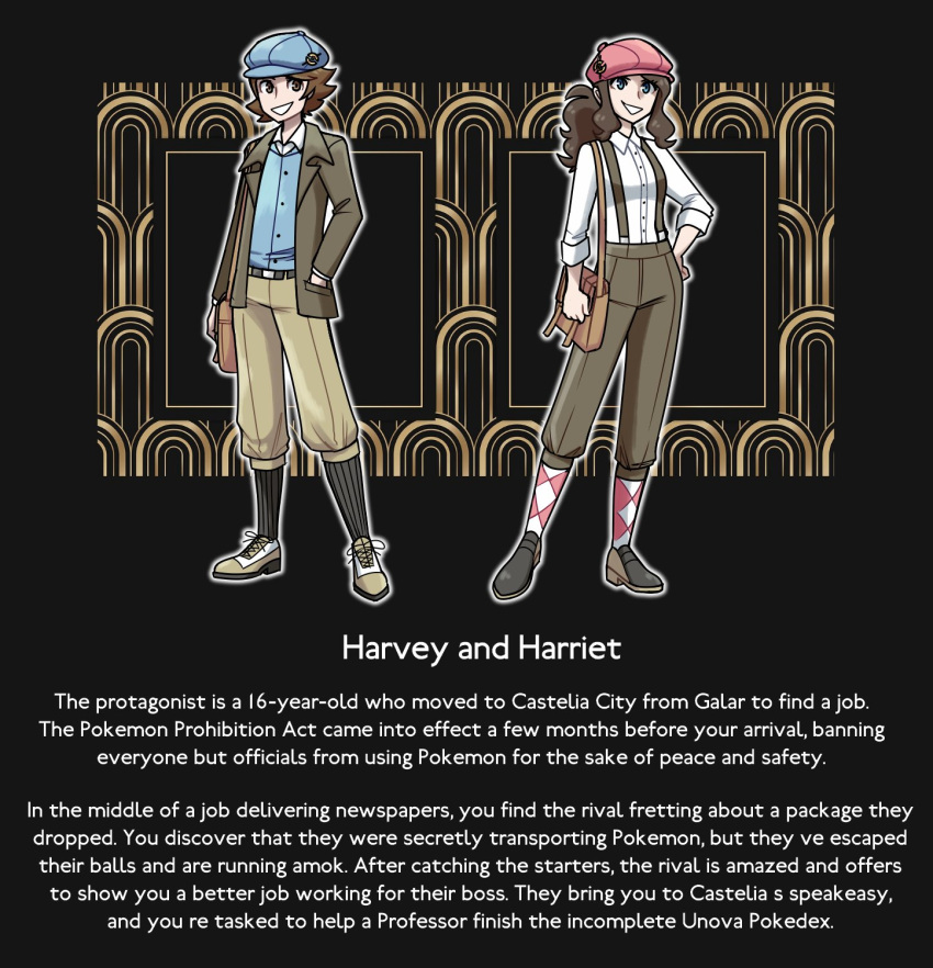 1920s_(style) 1boy 1girl bag blue_headwear brown_hair brown_pants english_text flat_cap fluorart hand_on_hip hat highres loafers original pants pink_headwear pokemon pokemon_(game) pokemon_legends:_arceus rhombus shoes shoulder_bag smile striped striped_legwear suspenders two-tone_legwear