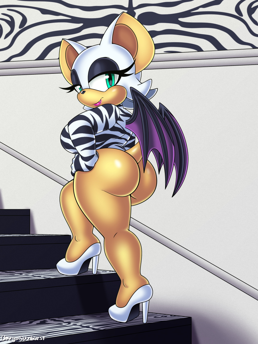 3:4 absurd_res animal_print anthro big_breasts big_butt breasts butt chiropteran clothed clothing female hi_res high_heels leotard mammal omegasunburst rouge_the_bat sega short_stack solo sonic_the_hedgehog_(series) zebra_print