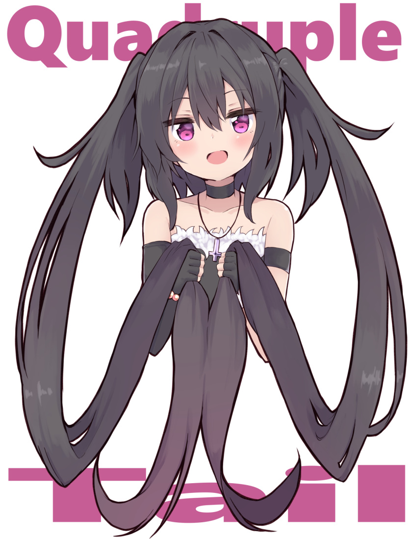 1girl :d absurdly_long_hair amano_kouki asymmetrical_gloves background_text bangs bare_shoulders black_choker black_dress black_gloves black_hair choker collarbone commentary_request cropped_torso cross cross_necklace dress elbow_gloves eyebrows_visible_through_hair fingerless_gloves fur-trimmed_dress fur-trimmed_gloves fur_trim gloves hair_between_eyes head_tilt highres jewelry long_hair looking_at_viewer necklace note-chan original purple_eyes simple_background single_elbow_glove smile solo strapless strapless_dress twintails upper_body very_long_hair white_background