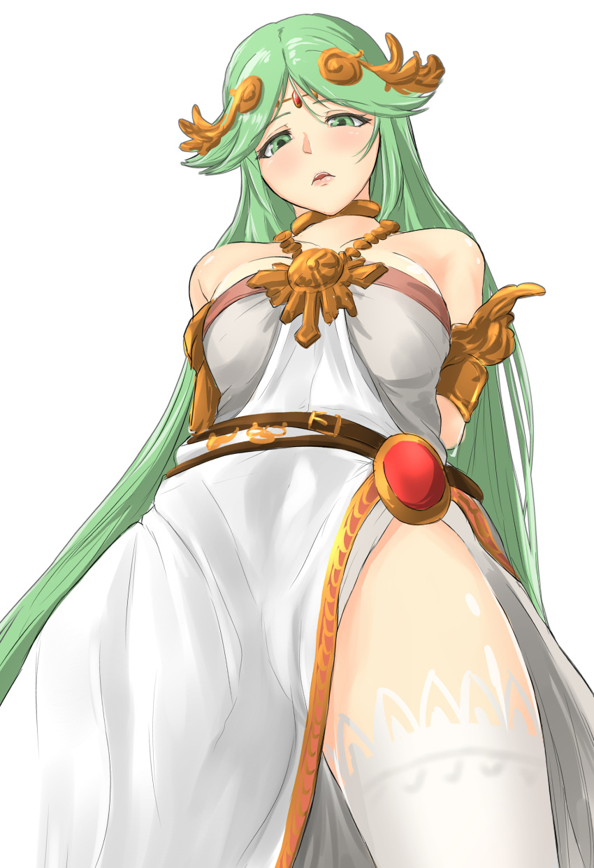 1girl armlet bangs bare_shoulders breasts dress forehead_jewel goddess gold green_hair highres impossible_clothes jewelry kid_icarus kid_icarus_uprising large_breasts laurel_crown long_hair neck_ring necklace palutena parted_bangs pendant side_slit single_thighhigh solo strapless strapless_dress thighhighs underbust vambraces very_long_hair white_dress zib_(boriku)