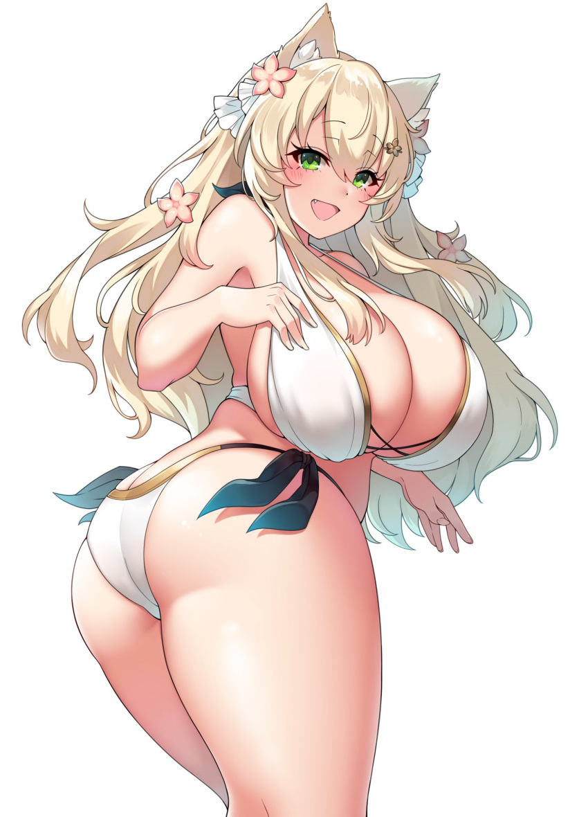 animal_ears ass bikini blonde_hair blush breasts cat_ears cat_girl cleavage flower green_eyes hair_flower hair_ornament highres huge_breasts image_sample long_hair luchete_plumerine open_mouth original side-tie_bikini simple_background string_bikini suruga_(xsurugax) swimsuit teeth twitter_sample white_background white_bikini