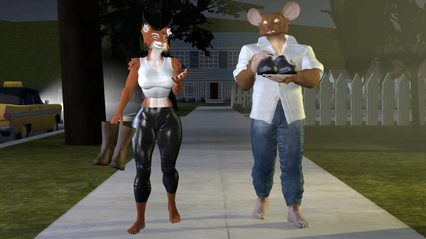 3d_(artwork) anthro astro_catmew barefoot boots bottomwear cam_(petruz) carrying_clothing clothed clothing commercial_vehicle crop_top denim denim_clothing digital_media_(artwork) duo feet felid feline female footwear hi_res holding_object humanoid jeans listening lynx male male/female mammal murid murine muscular muscular_male pants public_transportation rat rat_(petruz) rodent shirt shoes source_filmmaker talking_to_another tank_top taxicab tight_bottomwear tight_clothing tight_pants topwear vehicle vehicle_for_hire walking