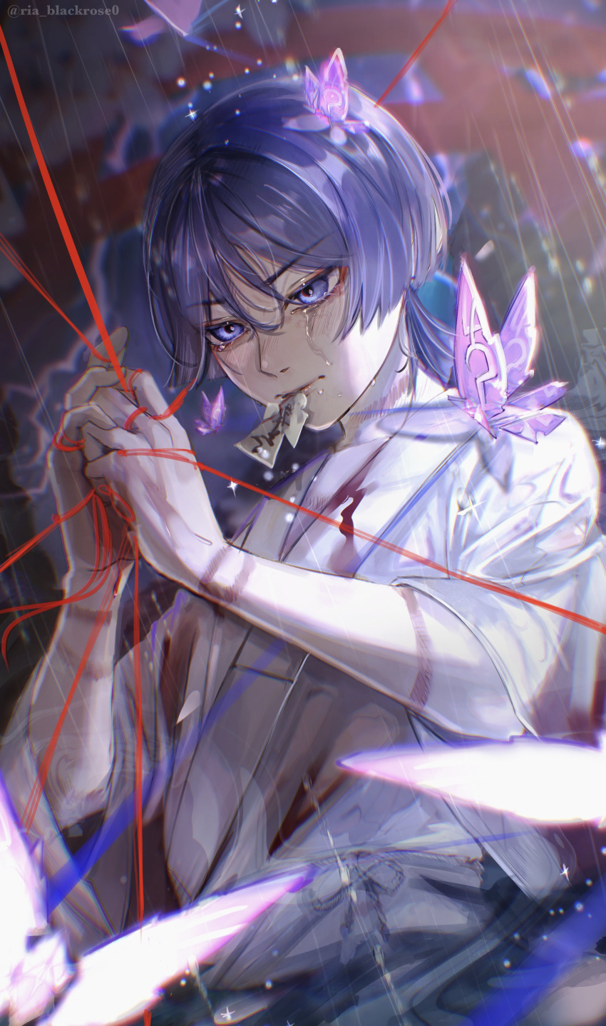 1boy absurdres artist_name between_fingers blood blood_on_clothes blue_eyes blue_hair blurry blush bug butterfly butterfly_on_head butterfly_on_shoulder crying crying_with_eyes_open depth_of_field genshin_impact glowing_butterfly hair_between_eyes hands_up highres japanese_clothes kimono light_particles looking_afar looking_down male_focus mouth_hold night outdoors own_hands_together purple_butterfly purple_eyes rain ria_blackrose0 rope_marks scaramouche_(genshin_impact) short_hair solo string talisman tears torii upper_body wet wide_sleeves