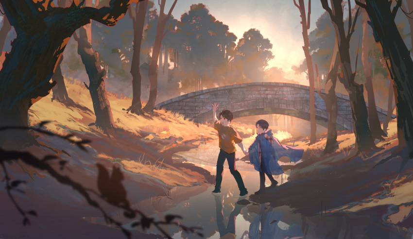 2boys bridge brothers commentary_request doran7280 flannel forest highres holding_hands igarashi_daiji igarashi_ikki kamen_rider kamen_rider_revice multiple_boys nature orange_shirt poncho rain_poncho red_eyes reflection river shirt siblings squirrel sunlight sunset tree undershirt walking white_shirt yellow_eyes younger