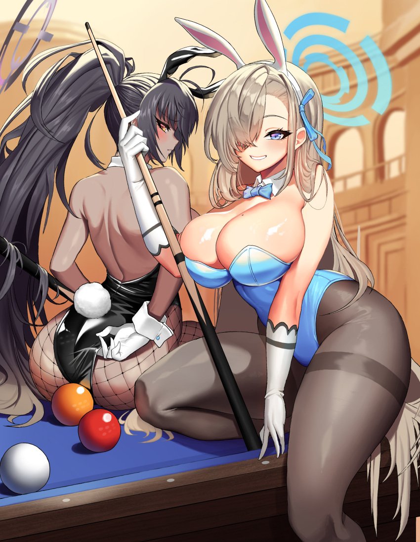 2girls absurdres animal_ears asashimo_(kancolle) ass asuna_(blue_archive) back ball bangs bare_shoulders billiard_ball billiards black_hair black_legwear blue_archive blue_eyes blue_leotard blue_neckwear blush bow bowtie breasts cleavage cue_stick detached_collar fake_animal_ears fishnet_legwear fishnets food fruit gloves hair_over_one_eye highres holding holding_cue_stick indoors karin_(blue_archive) large_breasts leotard leotard_pull long_hair looking_at_viewer mer4 multiple_girls on_table pantyhose playboy_bunny ponytail rabbit_ears rabbit_tail silver_hair sitting sitting_on_table smile strapless strapless_leotard table tail very_long_hair white_gloves wrist_cuffs