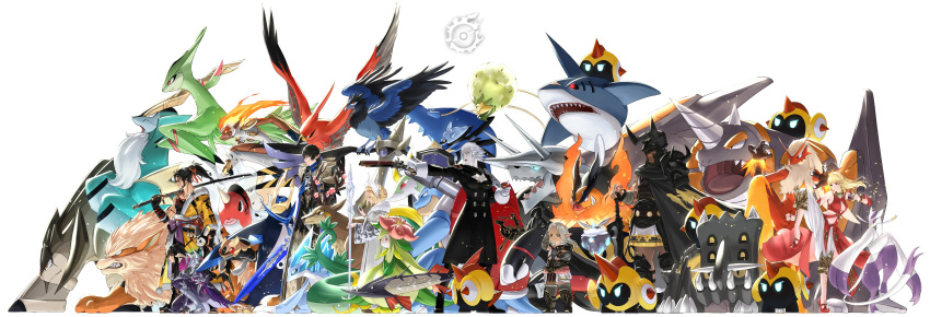 4boys 4girls absurdres aegislash aggron alolan_sandslash arcanine arm_up armor au_ra aymeric_de_borel bangs barraskewda bastiodon black_cape black_coat black_footwear black_gloves black_hair blastoise blaziken blonde_hair blunt_bangs boots cape carbink chainmail clawitzer cleavage_cutout closed_eyes clothing_cutout coat cobalion commentary corvisquire crossover dragon_horns eldegoss emboar emolga empoleon facial_hair final_fantasy final_fantasy_xiv fur-trimmed_coat fur_trim gloves grey_coat gun hair_ribbon helm helmet hien_rijin highres holding holding_gun holding_poke_ball holding_staff holding_sword holding_weapon horns hyur infernape kan-e-senna katana knee_boots lalafell leg_up lilligant lyse_hext medium_hair merlwyb_bloefhiswyn mienshao multiple_boys multiple_girls navel ninjask one_knee outstretched_arm over_shoulder pauldrons pink_scarf pipin_tarupin pointy_ears poke_ball pokemon pokemon_(creature) ponytail potion_lilac raubahn_aldynn rhyperior ribbon roegadyn samurai_(final_fantasy) sawsbuck sawsbuck_(spring) scales scarf seaking serperior sharpedo short_hair shoulder_armor silver_hair simple_background single_bare_shoulder single_pauldron staff standing sword talonflame terrakion virizion weapon weapon_over_shoulder white_background white_gloves white_hair yugiri_mistwalker