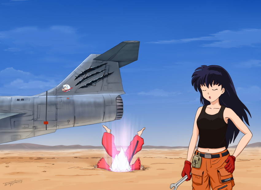 1boy 1girl :o ace_combat ace_combat_7 aircraft animal_ears avril_mead bangs bare_shoulders black_hair black_tank_top blue_sky breasts closed_eyes collarbone commentary_request cowboy_shot day dog_boy dog_ears eyebrows_behind_hair f-104_starfighter gloves hand_on_hip highres higurashi_kagome holding holding_wrench inuyasha inuyasha_(character) japanese_clothes kimono long_hair medium_breasts navel open_mouth orange_pants pants pouch red_gloves red_kimono scabbard sheath sky sleeveless tank_top thompson_(solowingfh) voice_actor_connection wasteland white_hair wrench yukino_satsuki